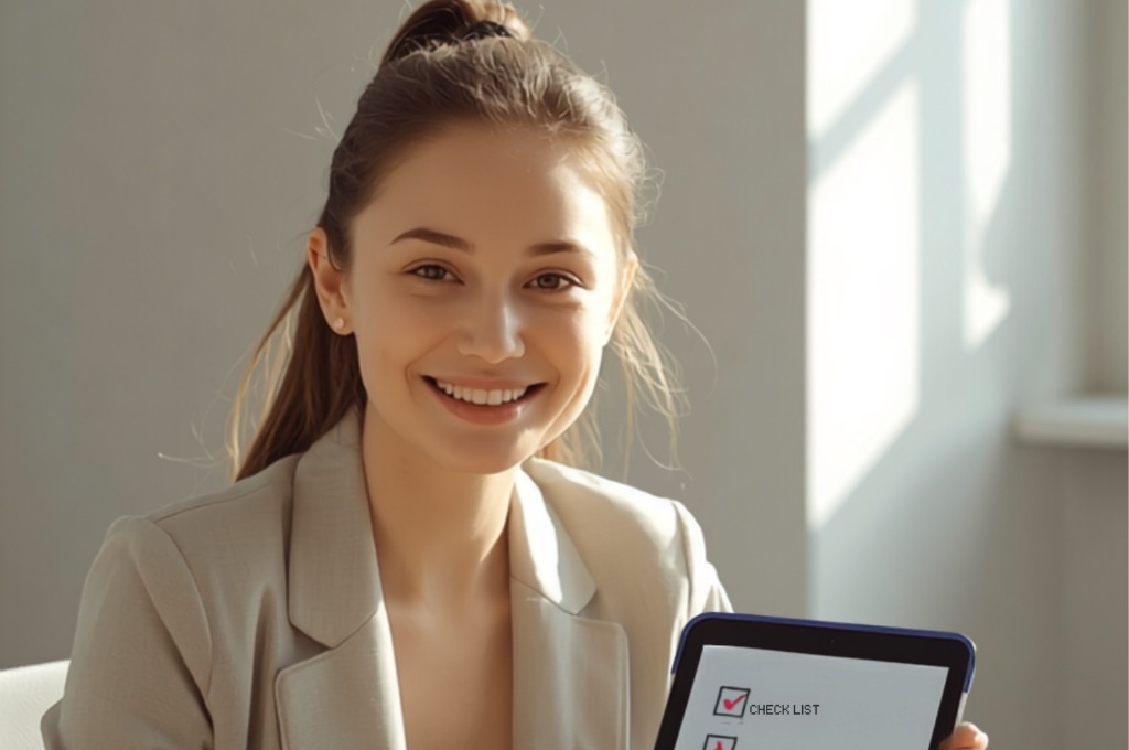 Persona marcando una lista de tareas SEO completada en una tablet