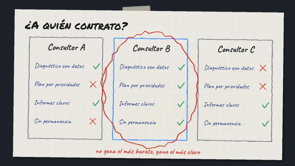 Hoja de cuaderno con tres consultores SEO comparados por diagnóstico con datos, plan por prioridades, informes claros y permanencia, con el consultor B rodeado en rojo