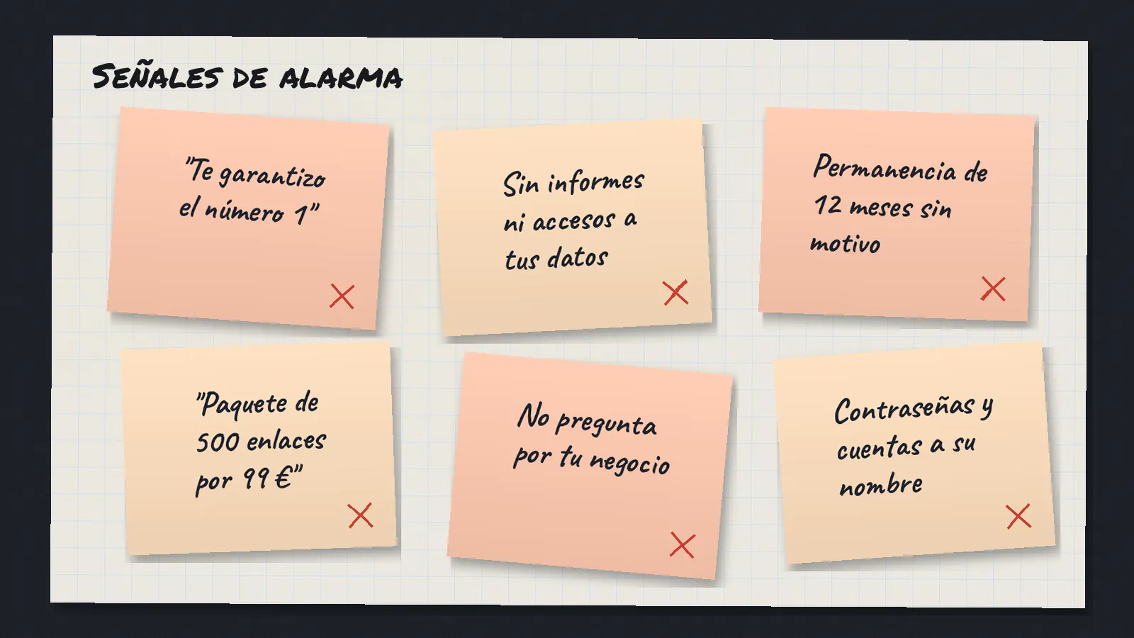 Seis pósits rojos con señales de alarma al contratar SEO: garantizar el número 1, sin informes, permanencias largas, paquetes de enlaces baratos y cuentas a nombre del proveedor
